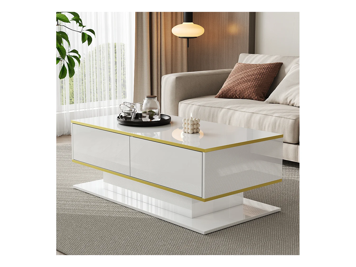 Table basse blanche - Table basse avec 3 tiroirs et lumières LED - rangement ouvert - pour salon