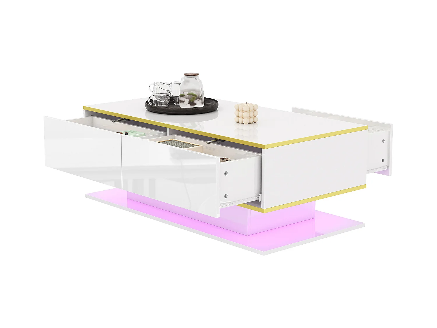 Table basse blanche - Table basse avec 3 tiroirs et lumières LED - rangement ouvert - pour salon