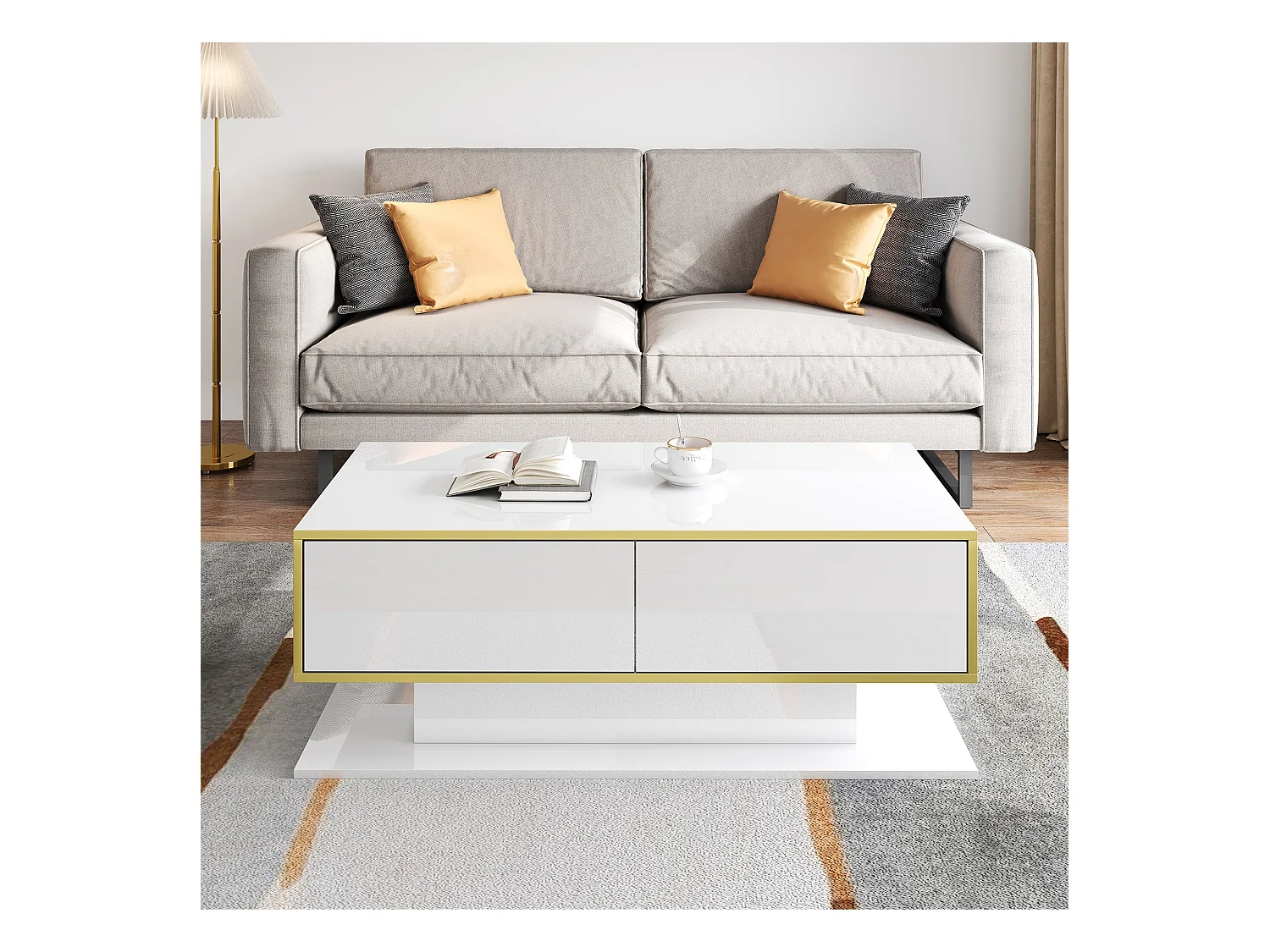 Weißer Couchtisch – Couchtisch mit 3 Schubladen und LED-Leuchten – offener stauraum – für wohnzimmer