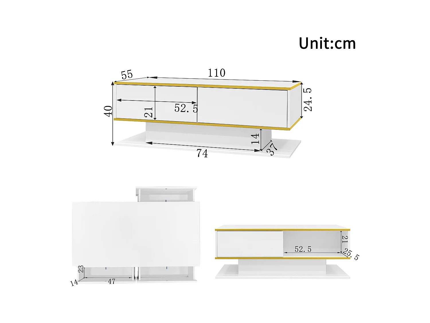 Weißer Couchtisch – Couchtisch mit 3 Schubladen und LED-Leuchten – offener stauraum – für wohnzimmer