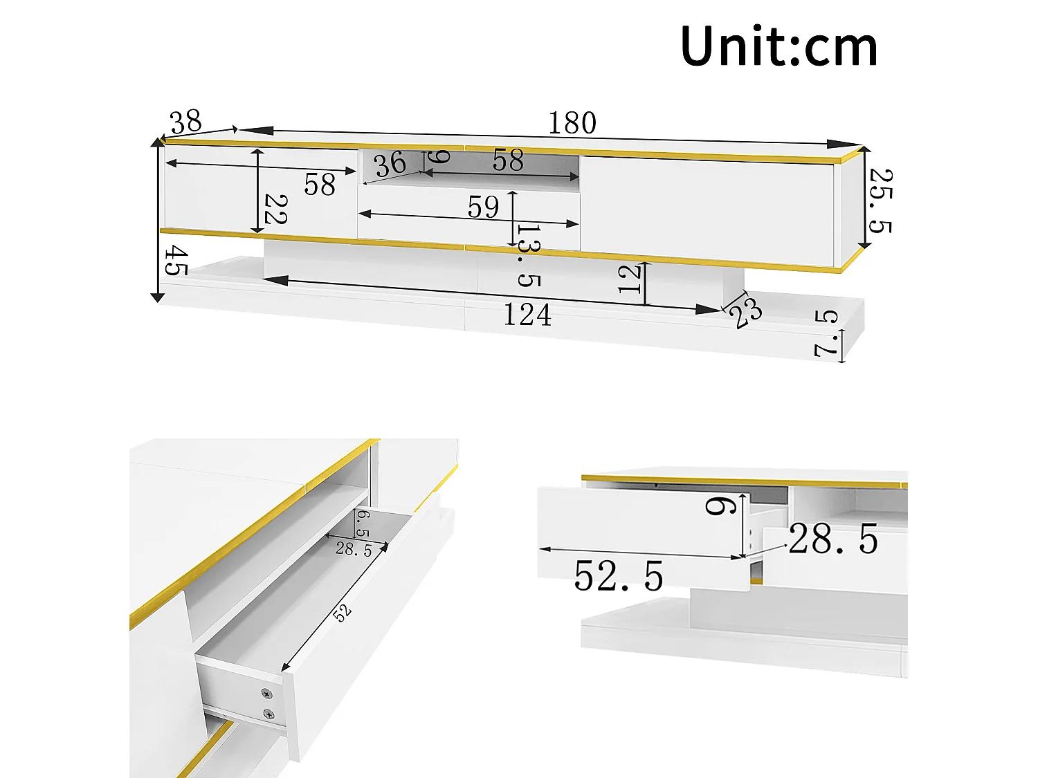 Witte tv-meubel - tv-meubel met 3 lades en led-verlichting - open opbergruimte - voor de woonkamer