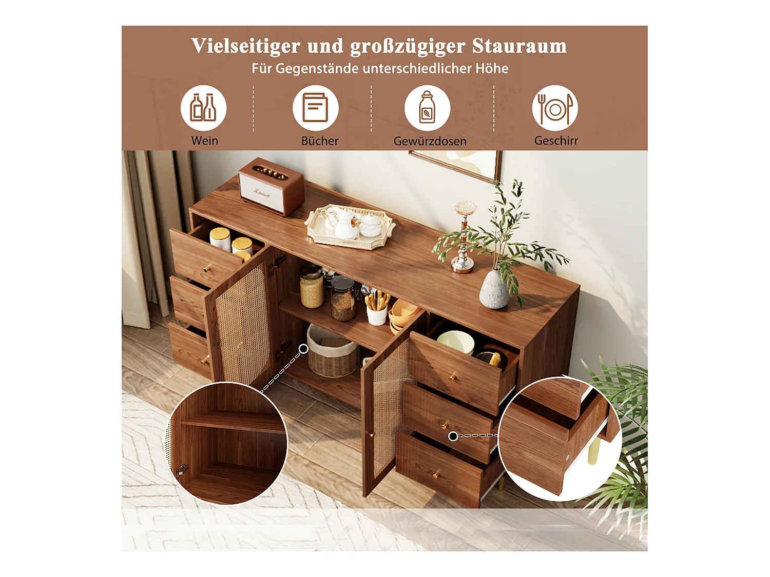 Credenza in legno con ante in rattan, design moderno, MDF, marrone, (160x40x90 cm)