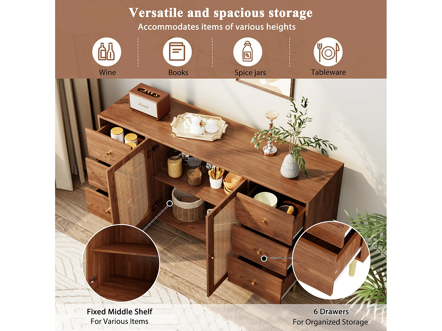 Buffet en bois avec portes en rotin, design moderne, MDF, brun, (160x40x90 cm)