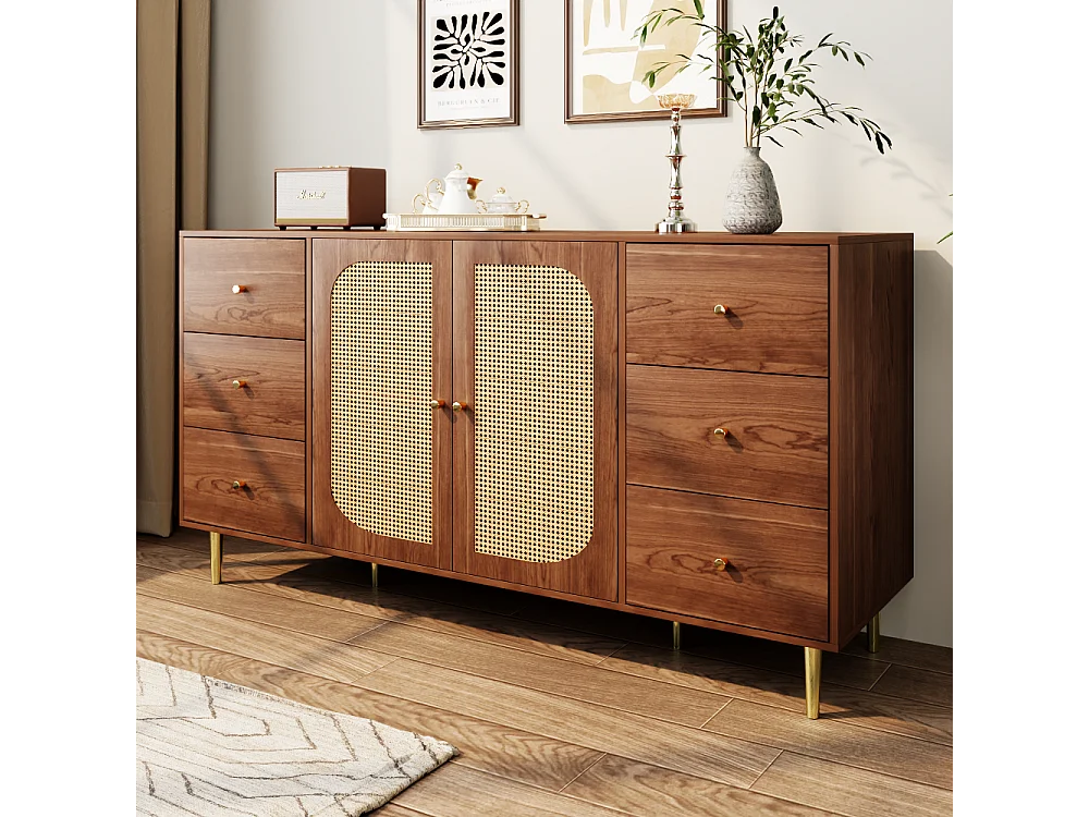 Credenza in legno con ante in rattan, design moderno, MDF, marrone, (160x40x90 cm)