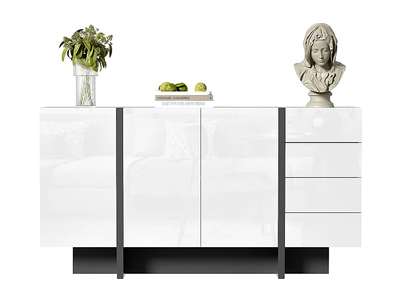 Buffet moderne, design épuré, MDF, blanc laqué avec accents noirs, 4 portes et 2 tiroirs (150x40x80.5 cm)