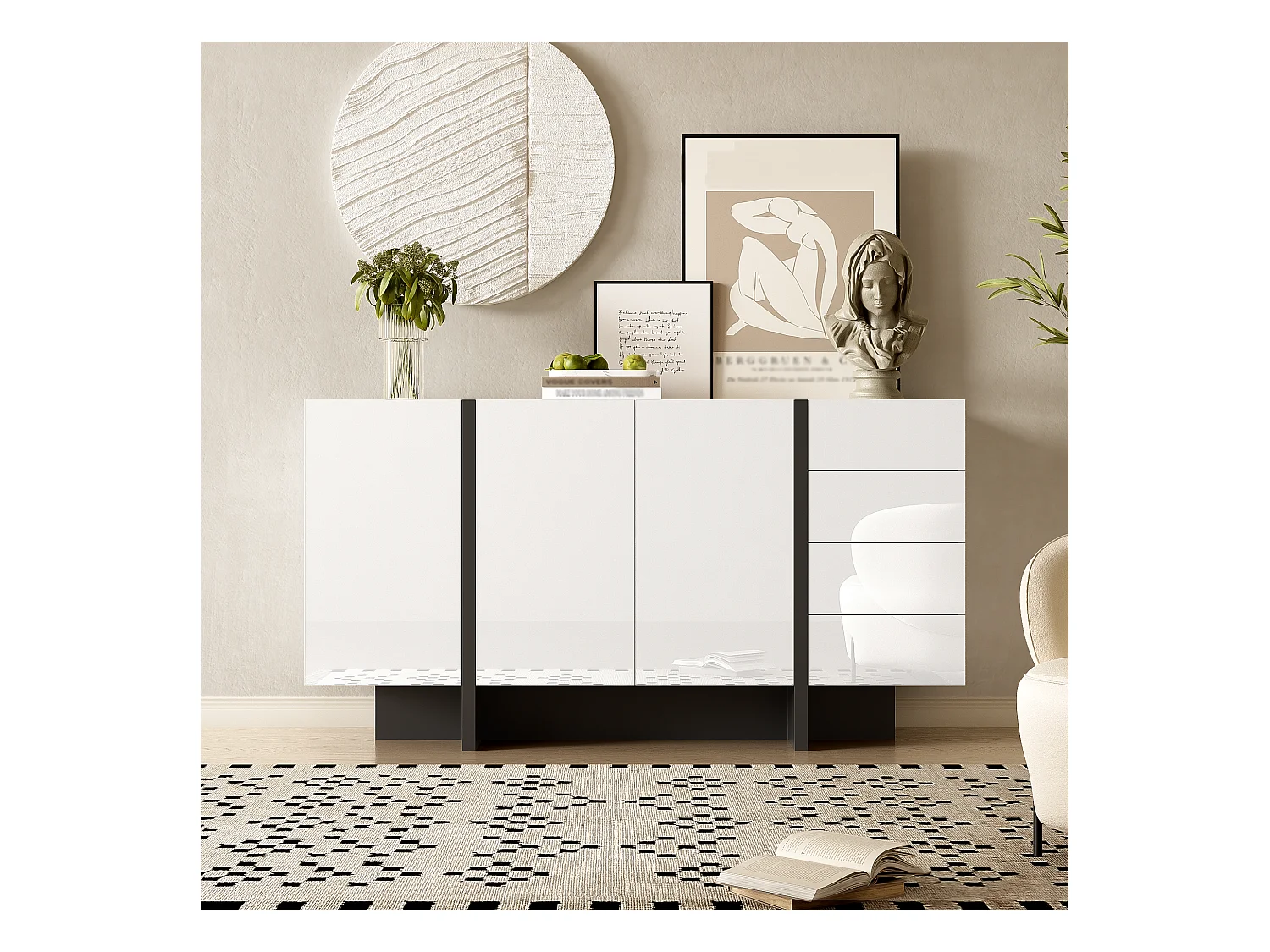 Buffet moderne, design épuré, MDF, blanc laqué avec accents noirs, 4 portes et 2 tiroirs (150x40x80.5 cm)