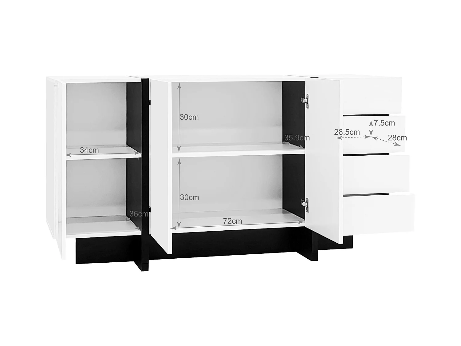 Buffet moderne, design épuré, MDF, blanc laqué avec accents noirs, 4 portes et 2 tiroirs (150x40x80.5 cm)