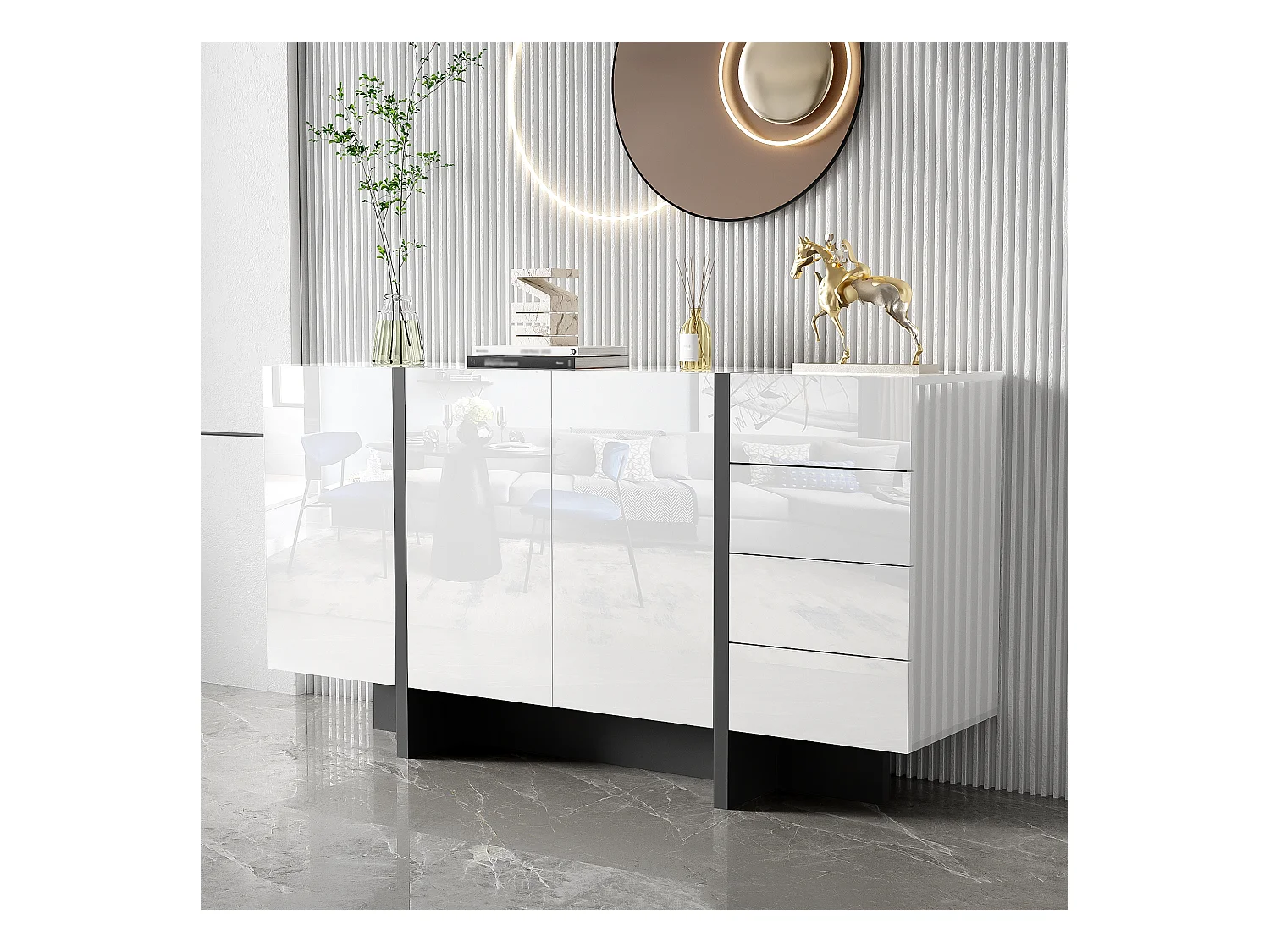 Buffet moderne, design épuré, MDF, blanc laqué avec accents noirs, 4 portes et 2 tiroirs (150x40x80.5 cm)