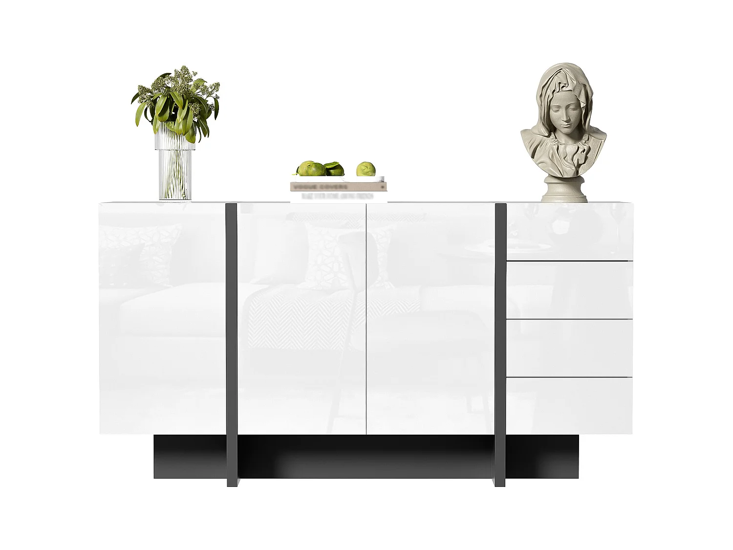 Buffet moderne, design épuré, MDF, blanc laqué avec accents noirs, 4 portes et 2 tiroirs (150x40x80.5 cm)