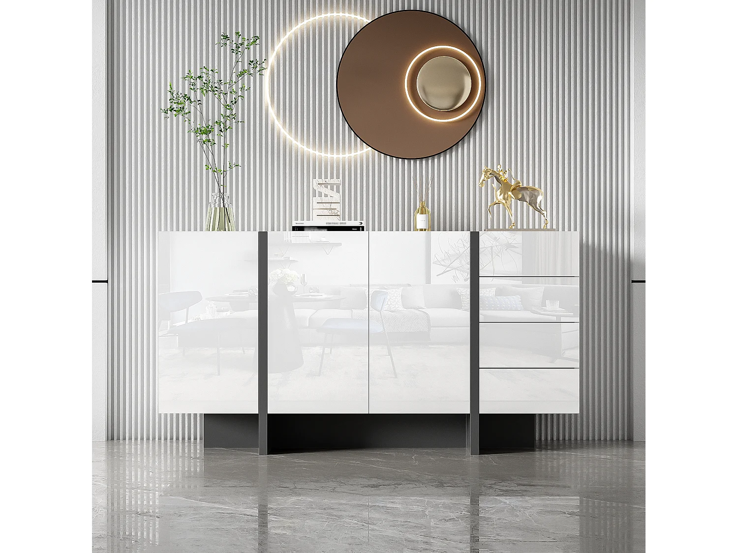 Buffet moderne, design épuré, MDF, blanc laqué avec accents noirs, 4 portes et 2 tiroirs (150x40x80.5 cm)