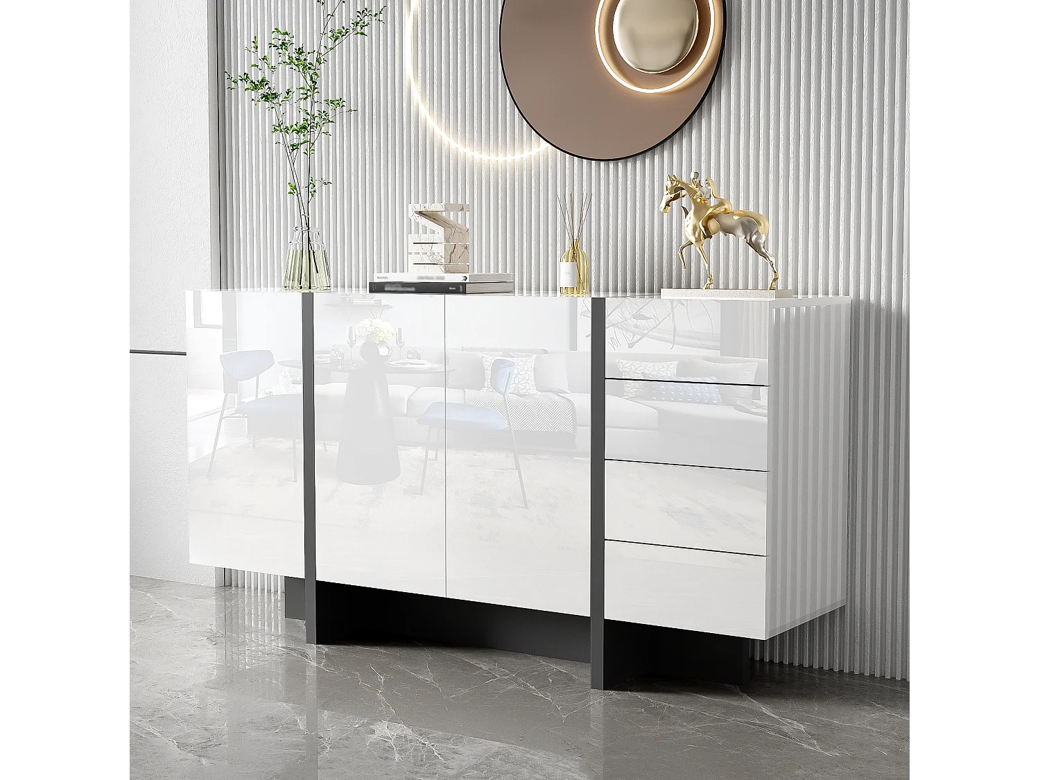 Buffet moderne, design épuré, MDF, blanc laqué avec accents noirs, 4 portes et 2 tiroirs (150x40x80.5 cm)