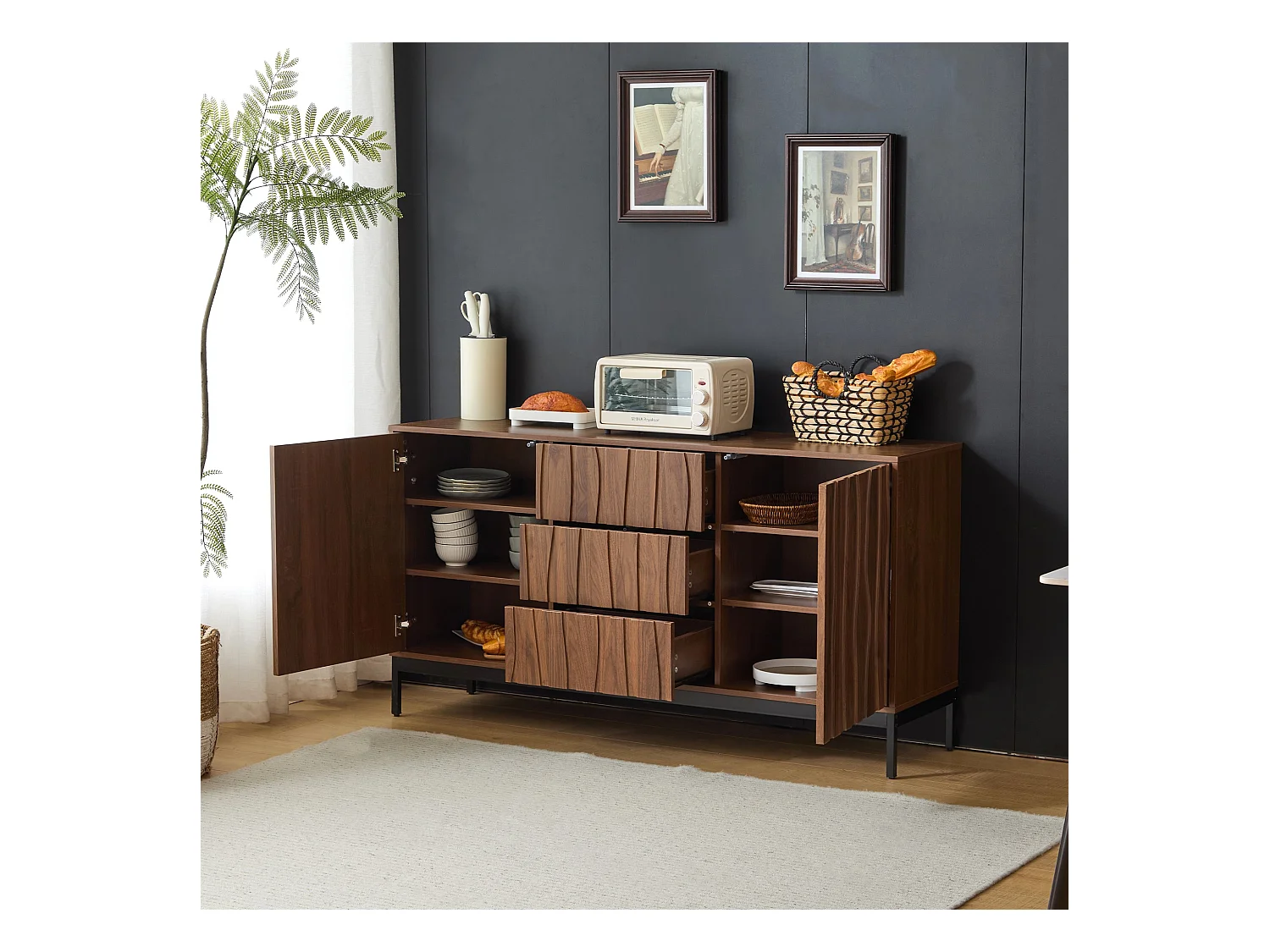 Buffet 150 cm, 3 tiroirs, design moderne en chêne foncé, MDF, noir et bois naturel, (150x40x80 cm)