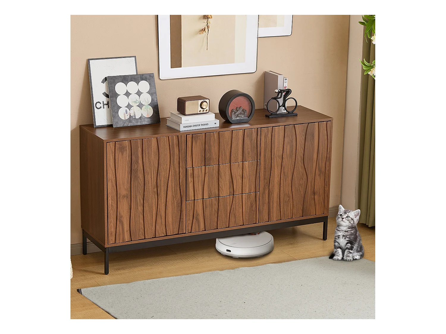 Buffet 150 cm, 3 tiroirs, design moderne en chêne foncé, MDF, noir et bois naturel, (150x40x80 cm)