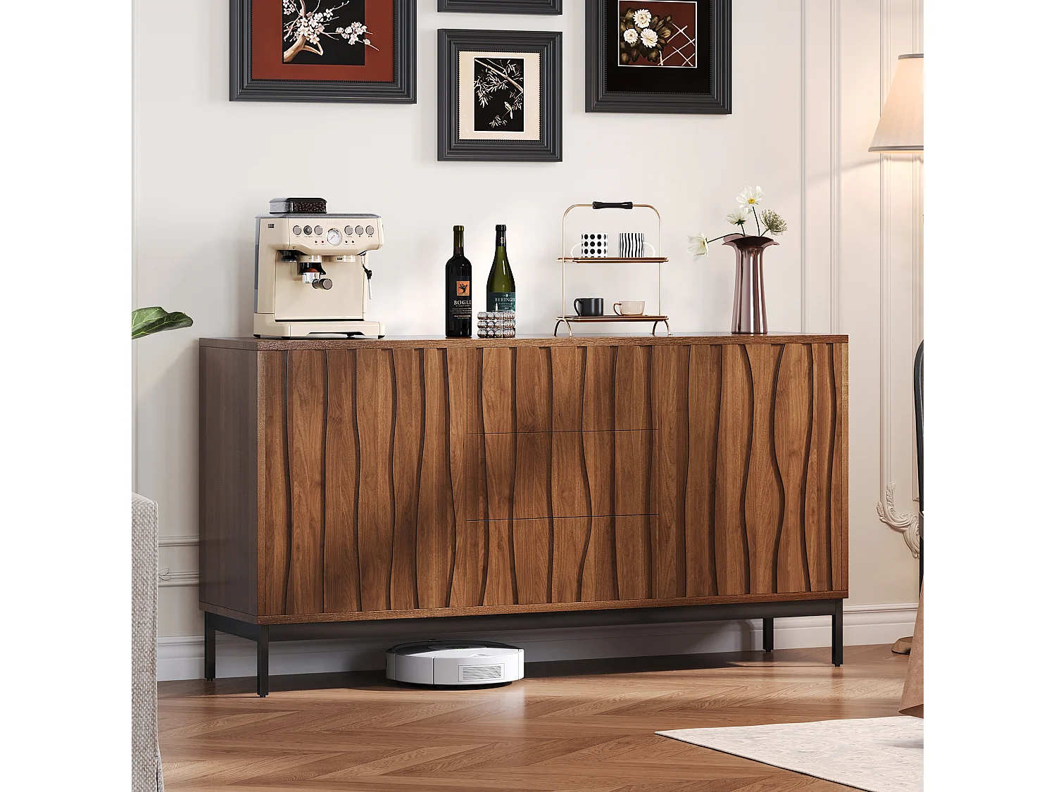 Buffet 150 cm, 3 tiroirs, design moderne en chêne foncé, MDF, noir et bois naturel, (150x40x80 cm)