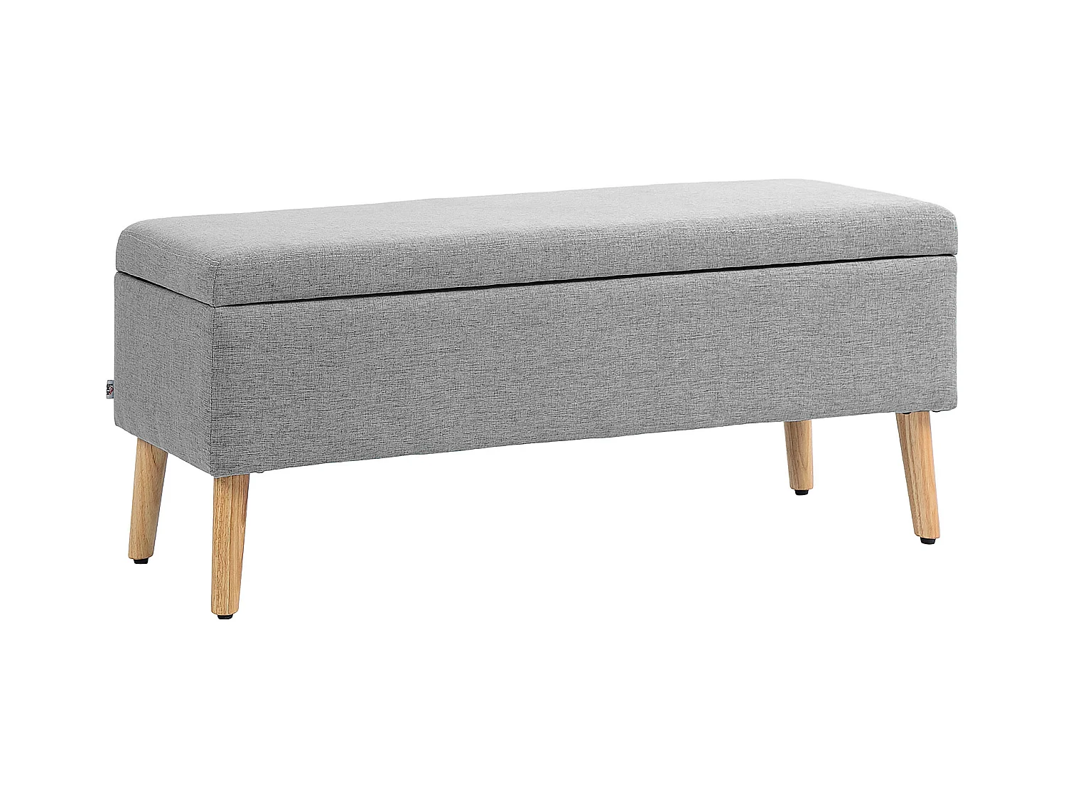 Banc de rangement rembourré, design scandinave, polyester gris avec effet lin, pieds en bois (110x39x45cm)