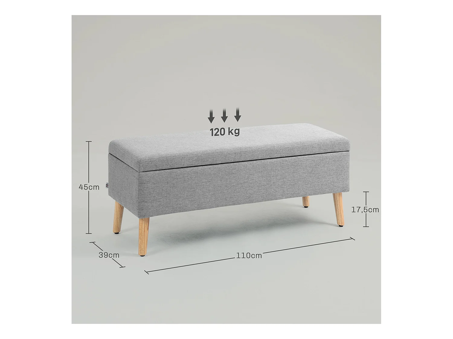 Banc de rangement rembourré, design scandinave, polyester gris avec effet lin, pieds en bois (110x39x45cm)