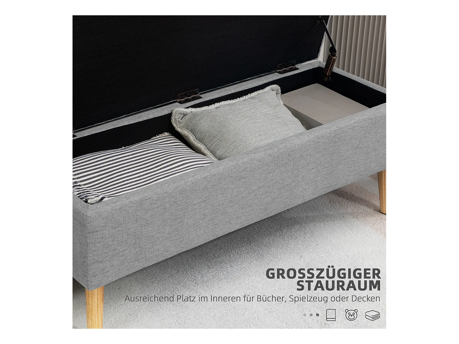 Banc de rangement rembourré, design scandinave, polyester gris avec effet lin, pieds en bois (110x39x45cm)