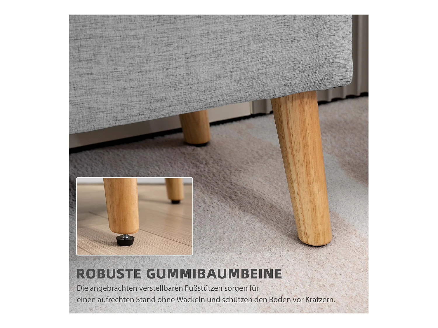 Banc de rangement rembourré, design scandinave, polyester gris avec effet lin, pieds en bois (110x39x45cm)