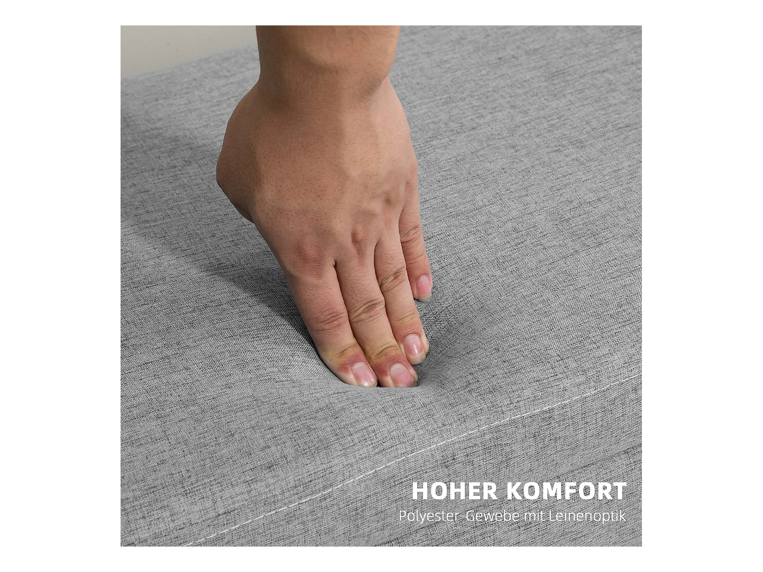 Banc de rangement rembourré, design scandinave, polyester gris avec effet lin, pieds en bois (110x39x45cm)