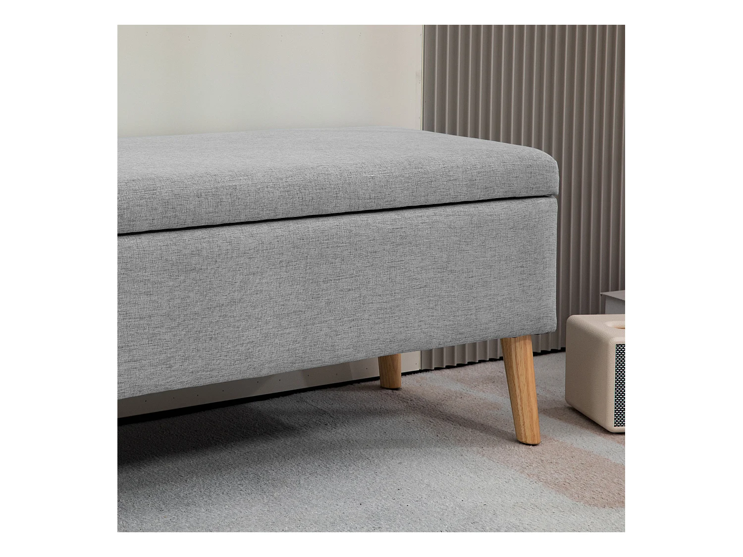 Banc de rangement rembourré, design scandinave, polyester gris avec effet lin, pieds en bois (110x39x45cm)