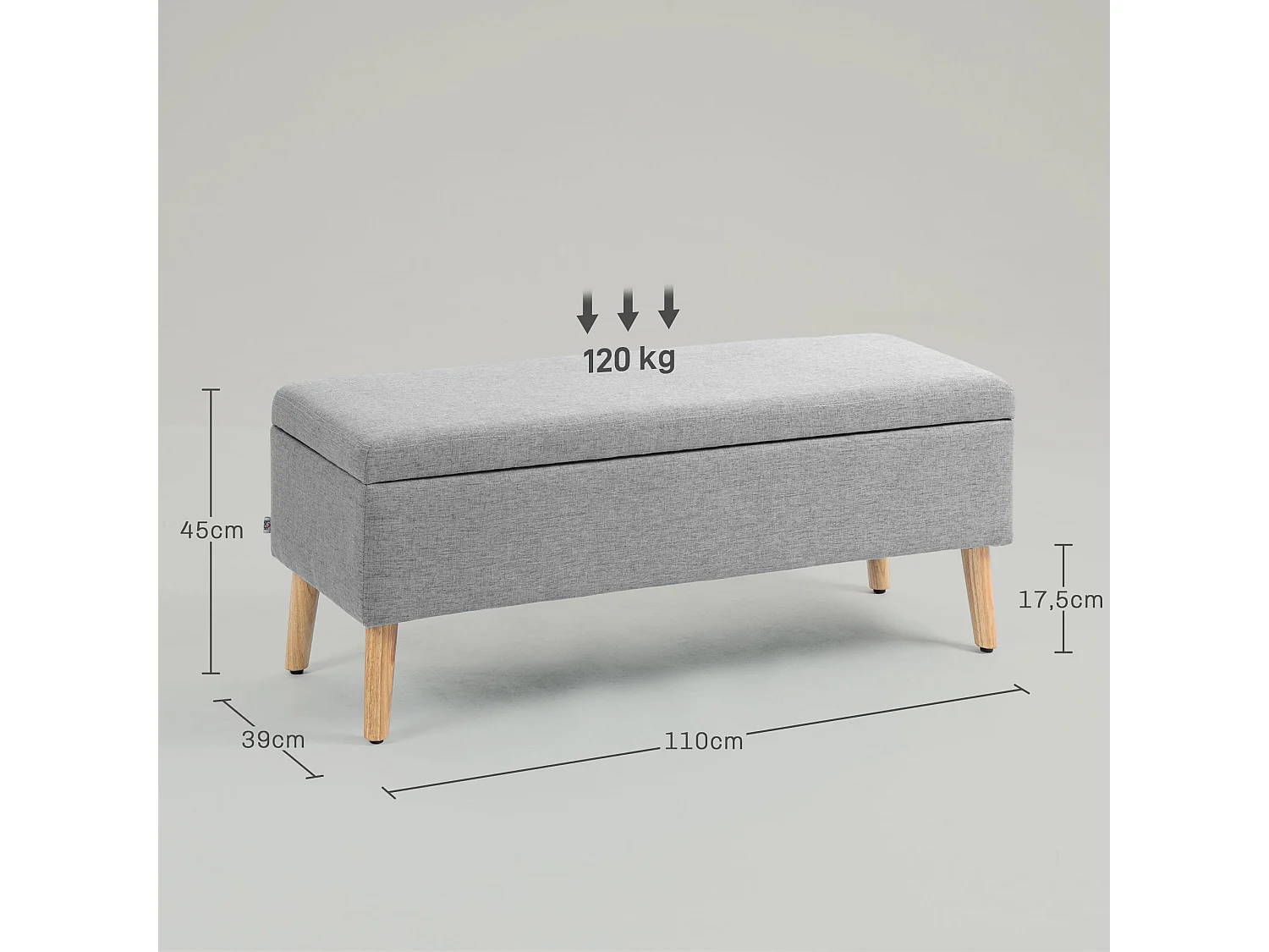 Banc de rangement rembourré, design scandinave, polyester gris avec effet lin, pieds en bois (110x39x45cm)