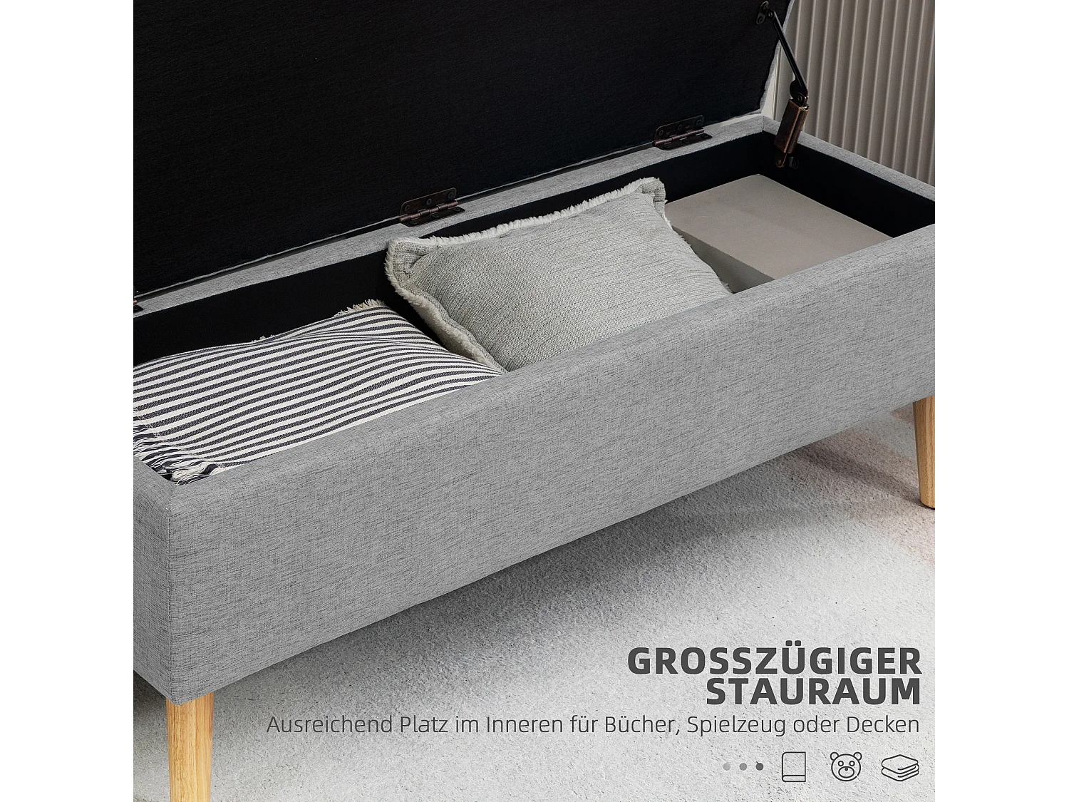 Banc de rangement rembourré, design scandinave, polyester gris avec effet lin, pieds en bois (110x39x45cm)