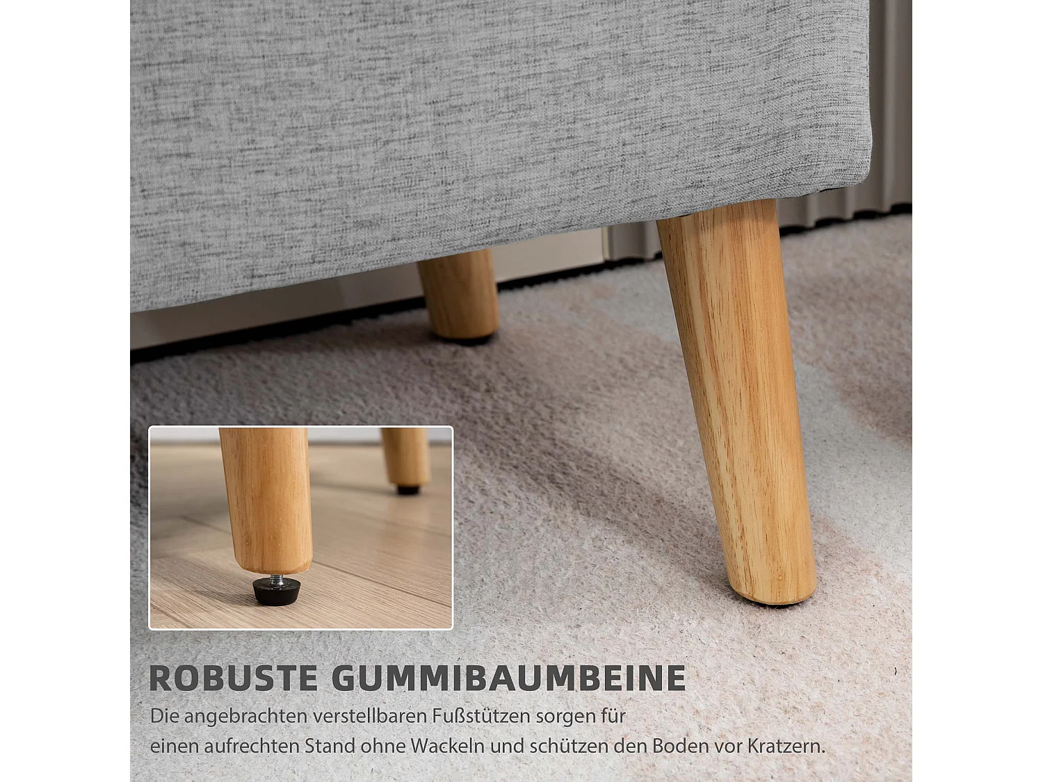 Banc de rangement rembourré, design scandinave, polyester gris avec effet lin, pieds en bois (110x39x45cm)