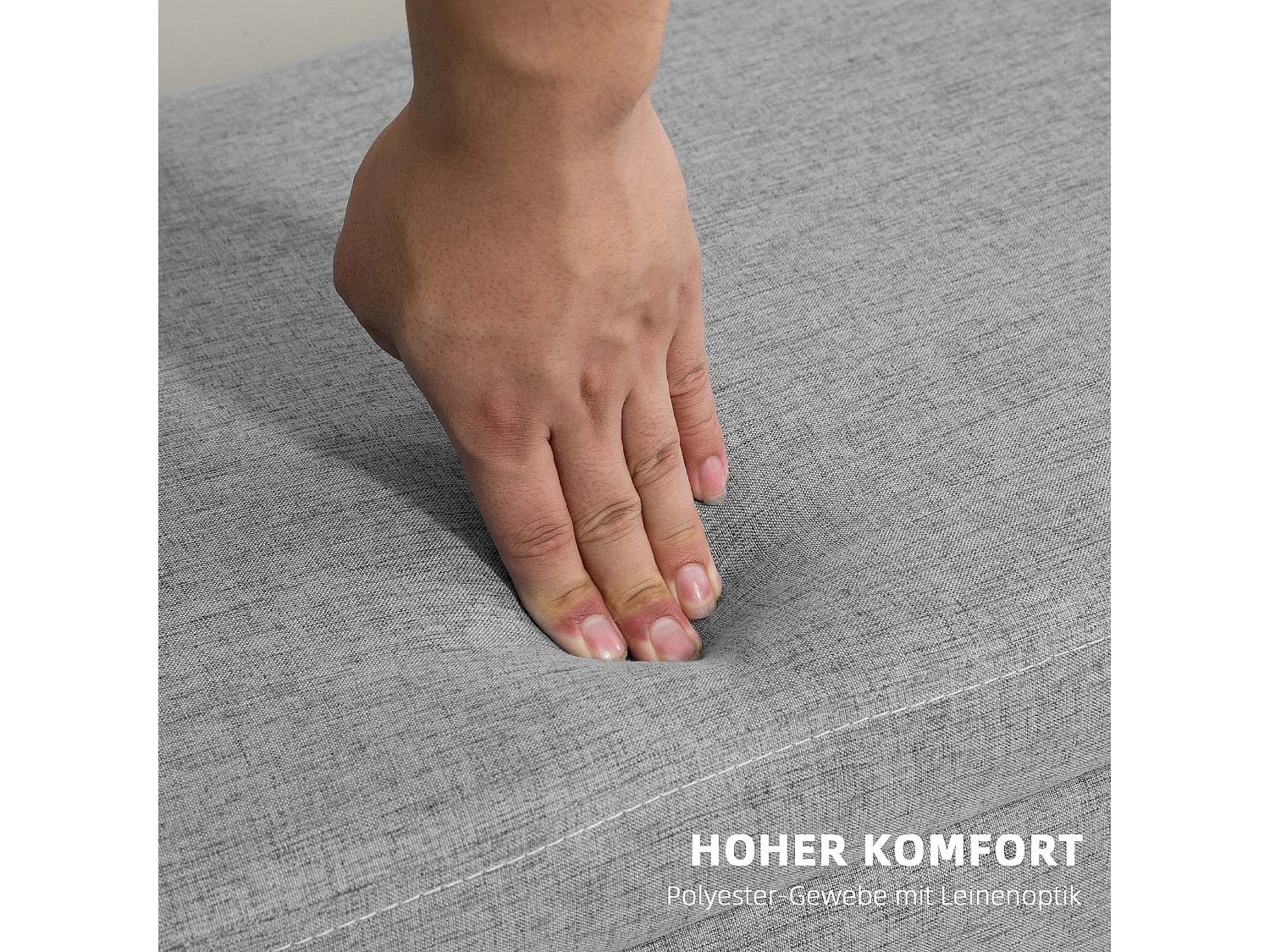 Banc de rangement rembourré, design scandinave, polyester gris avec effet lin, pieds en bois (110x39x45cm)