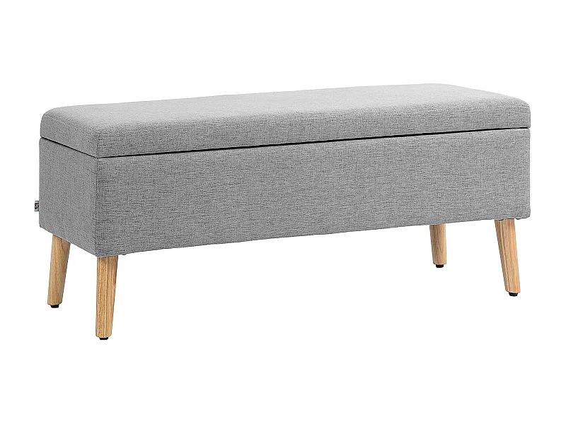 Banc de rangement rembourré, design scandinave, polyester gris avec effet lin, pieds en bois (110x39x45cm)