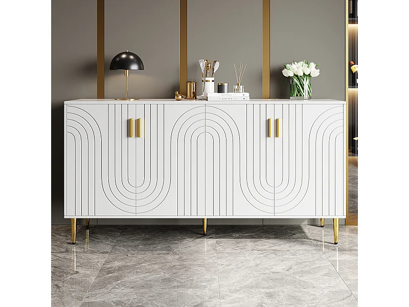 Credenza bianca con esclusivo design ondulato, maniglie e gambe dorate, MDF, per un'elegante zona pranzo (152x40x75 cm)