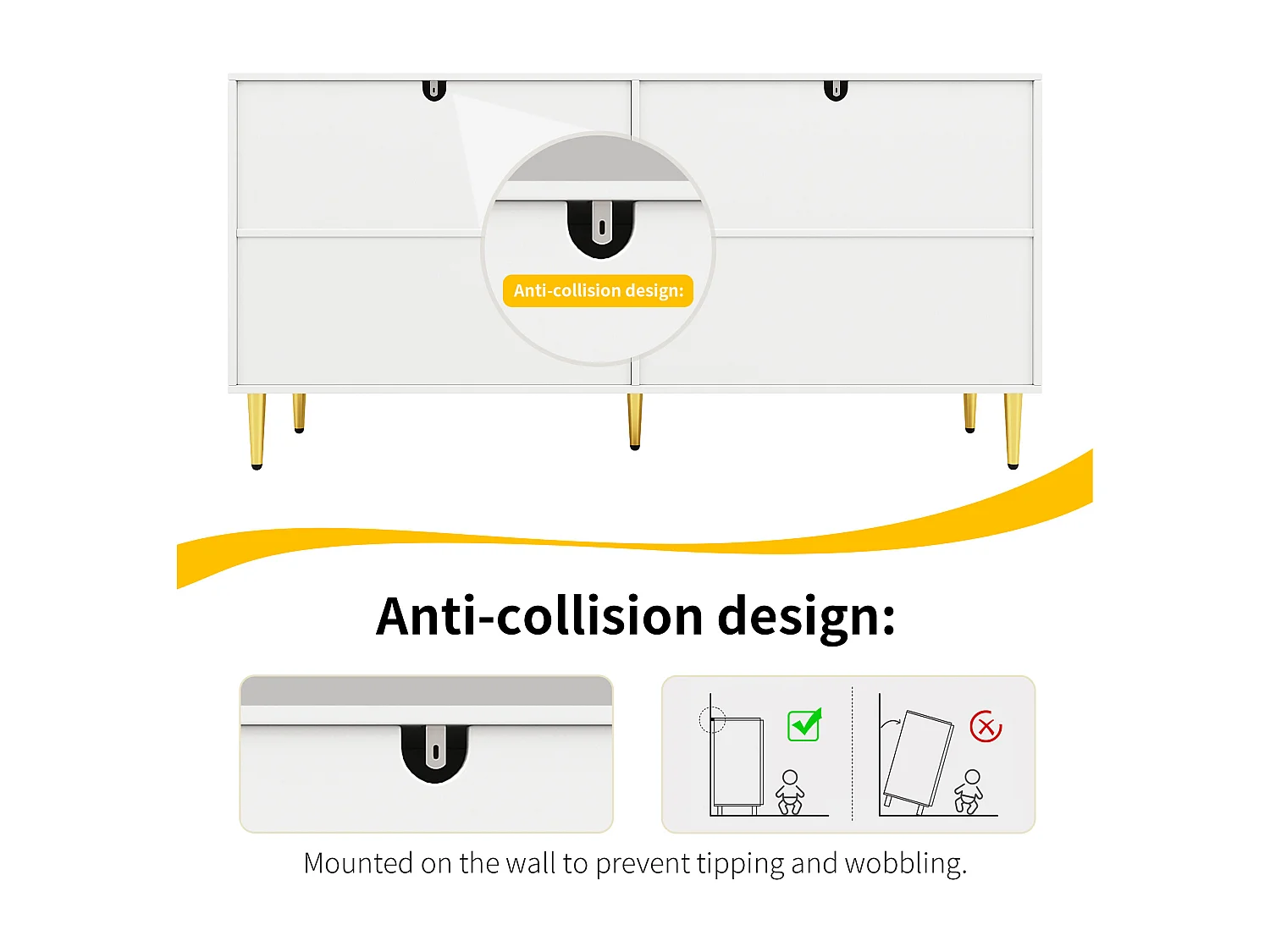 Buffet blanc avec design unique en vagues, poignées et pieds dorés, MDF, pour un espace de salle à manger élégant (152x40x75 cm)