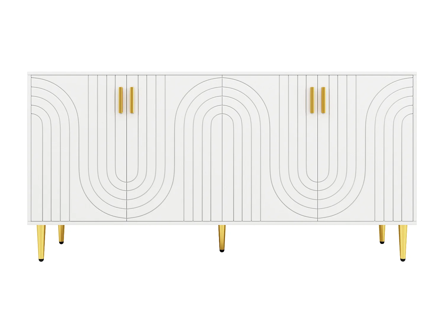Wit dressoir met uniek golfdesign, gouden handgrepen en poten, MDF, voor een elegante eetruimte (152x40x75 cm)