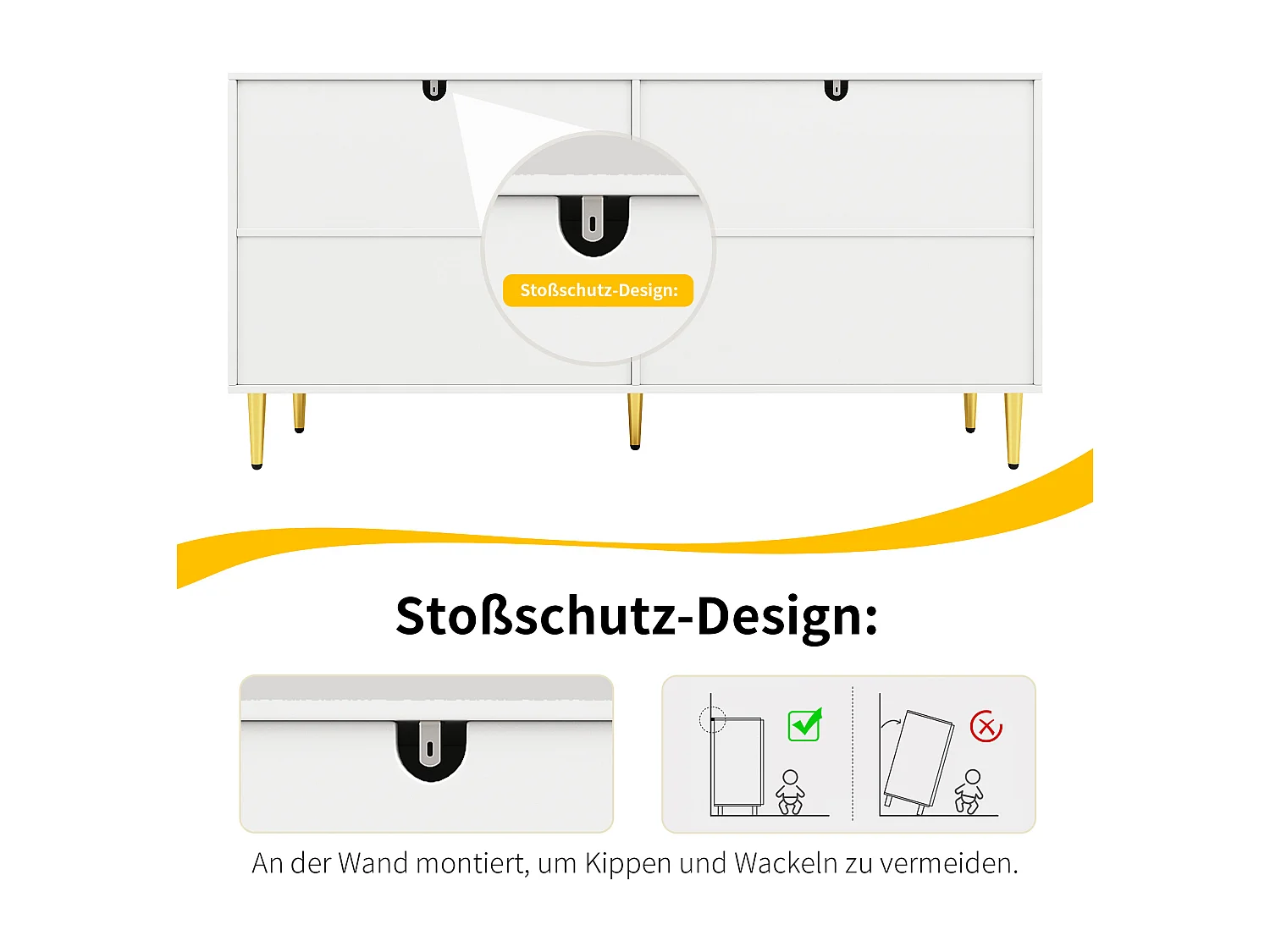 Wit dressoir met uniek golfdesign, gouden handgrepen en poten, MDF, voor een elegante eetruimte (152x40x75 cm)