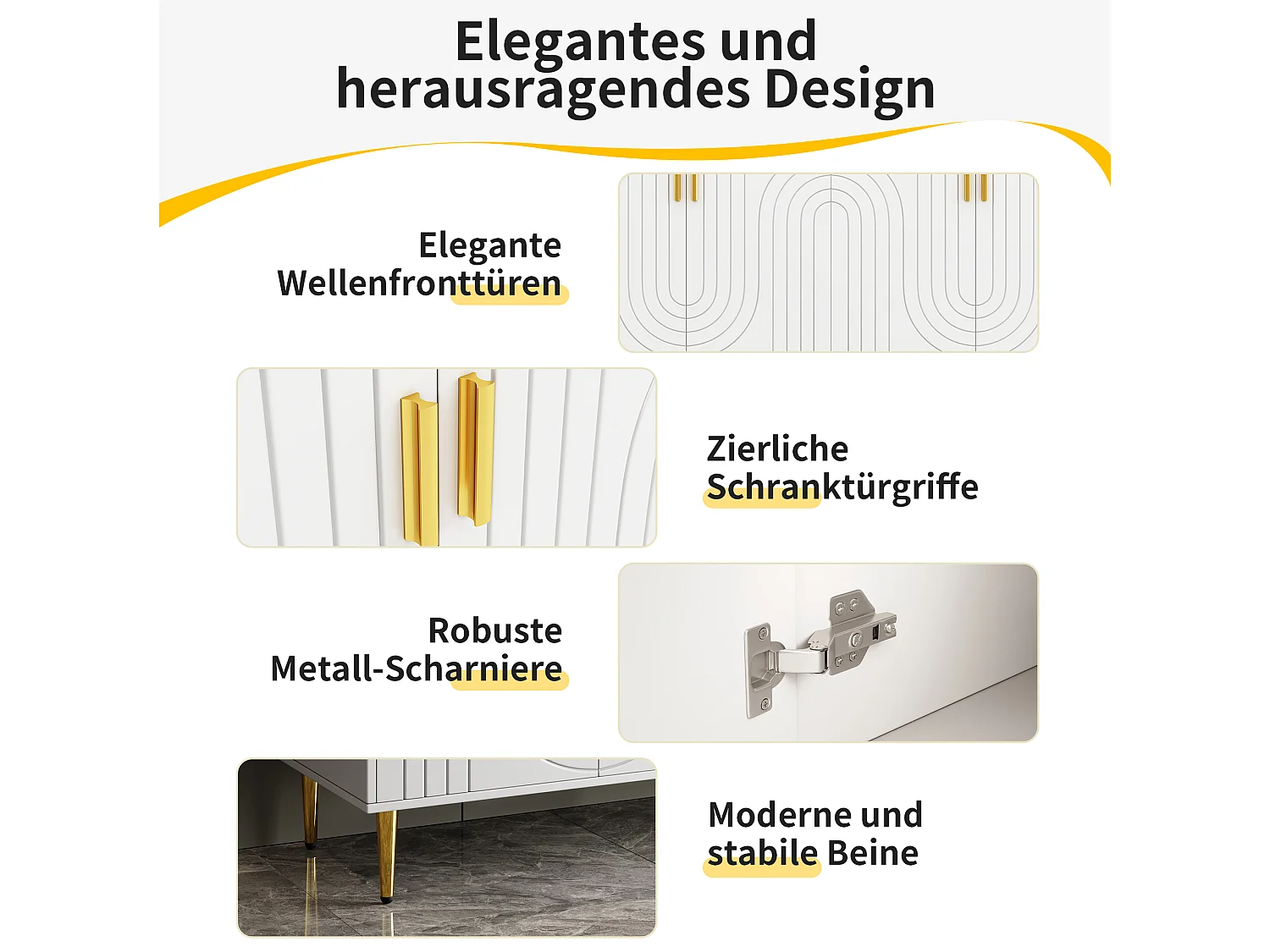 Wit dressoir met uniek golfdesign, gouden handgrepen en poten, MDF, voor een elegante eetruimte (152x40x75 cm)
