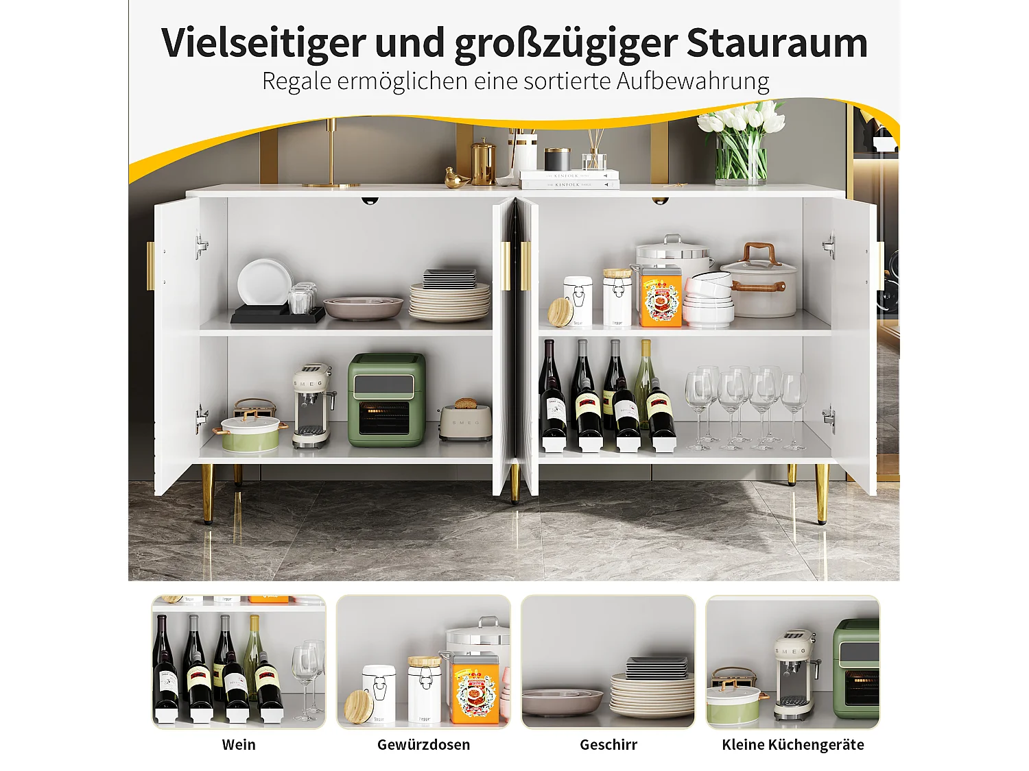 Wit dressoir met uniek golfdesign, gouden handgrepen en poten, MDF, voor een elegante eetruimte (152x40x75 cm)