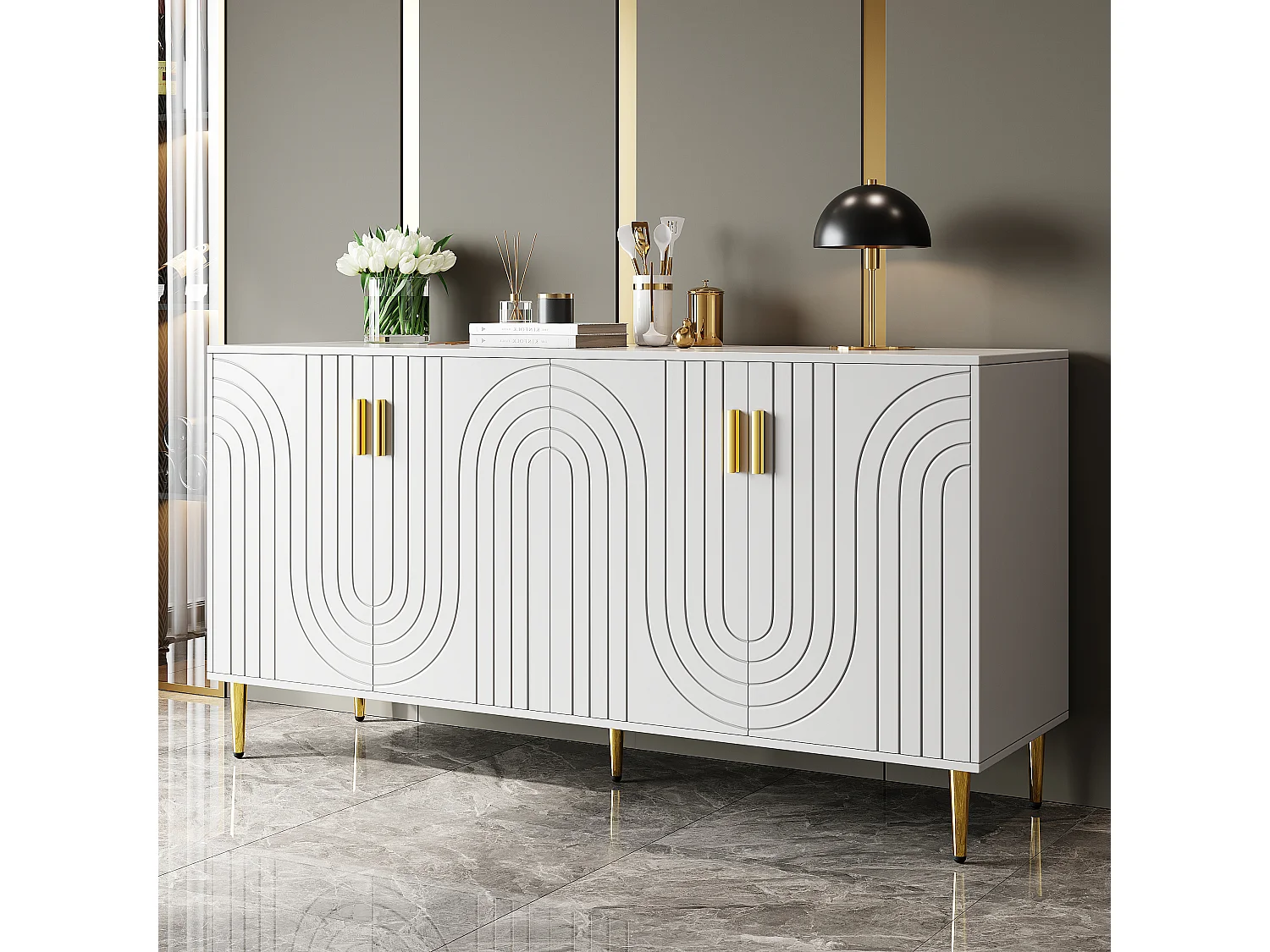 Wit dressoir met uniek golfdesign, gouden handgrepen en poten, MDF, voor een elegante eetruimte (152x40x75 cm)
