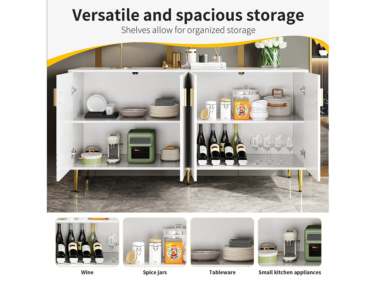 Wit dressoir met uniek golfdesign, gouden handgrepen en poten, MDF, voor een elegante eetruimte (152x40x75 cm)