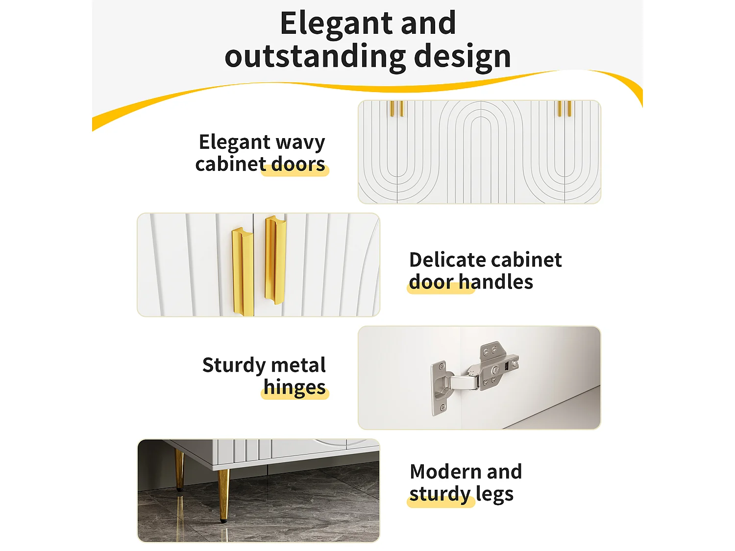 Wit dressoir met uniek golfdesign, gouden handgrepen en poten, MDF, voor een elegante eetruimte (152x40x75 cm)