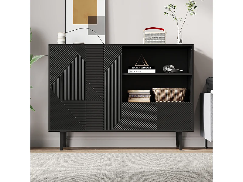 Dressoir met gestreepte deuren, modern design, MDF, zwart en natuurlijk hout, met 2 deuren en 1 lade (40x125x86 cm)