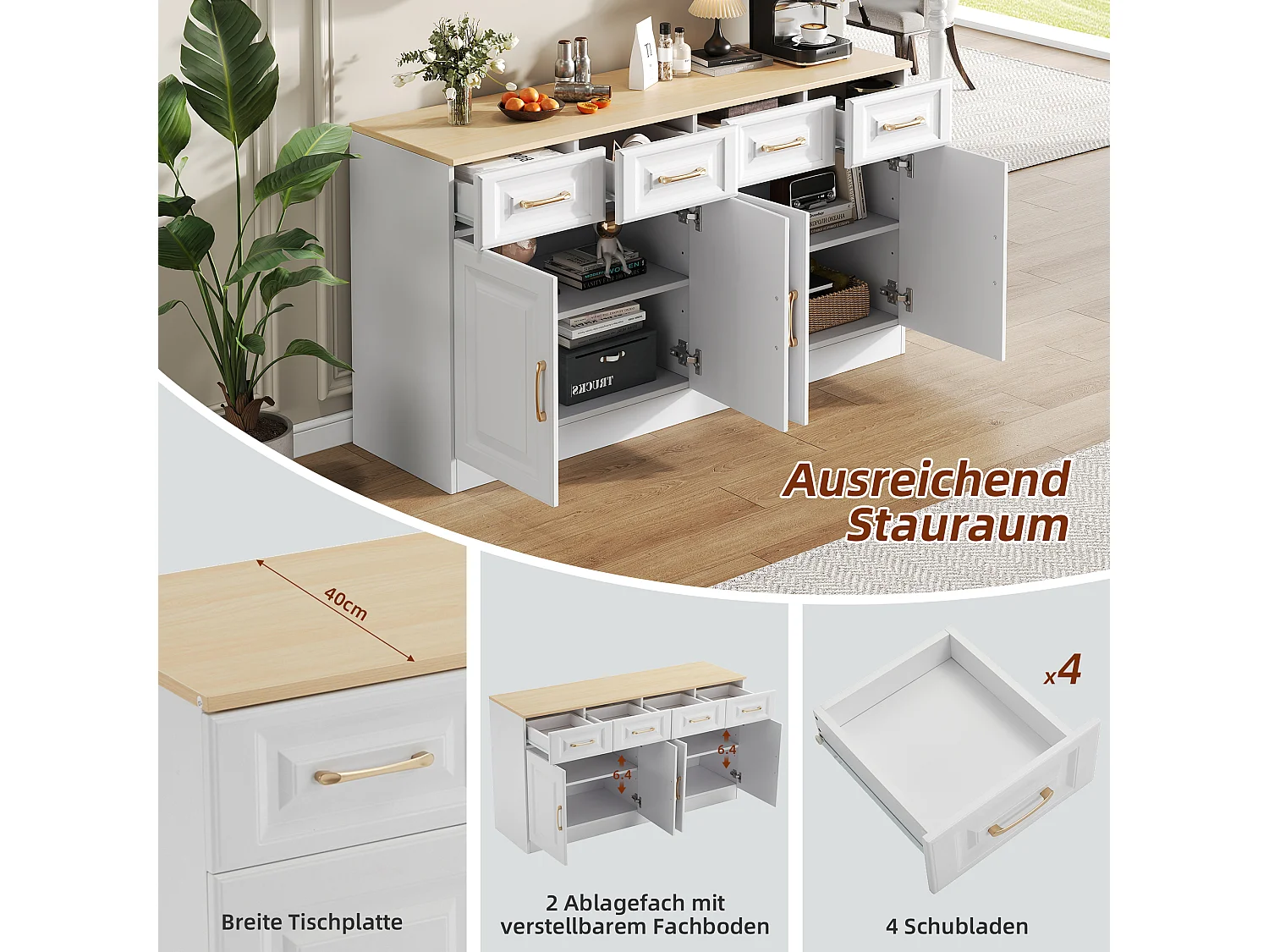 Buffetkast met 4 laden en 4 deuren, opbergruimte, modern design, MDF-hout, wit en eiken (140x40x75 cm)