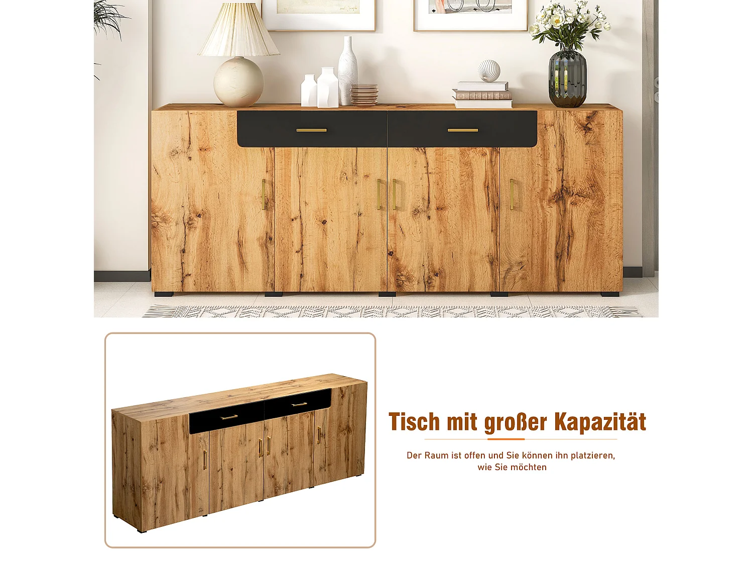 Buffet avec 4 portes et 2 tiroirs, en panneau de particules, couleur bois (208x39.5x80 cm)