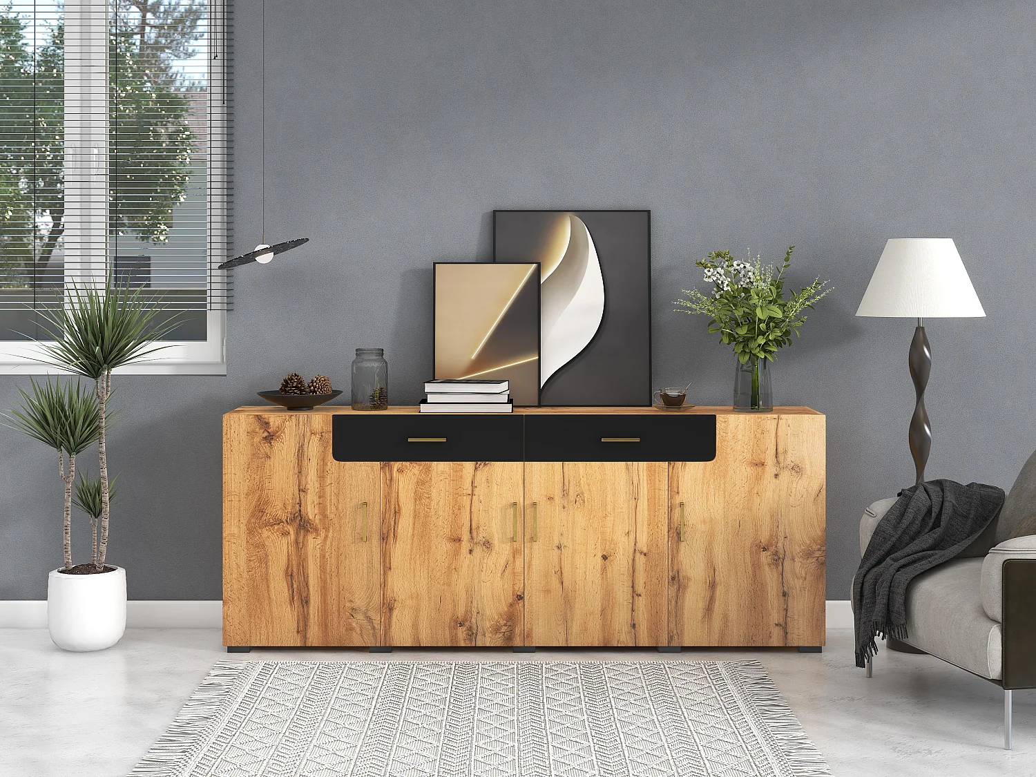 Buffet avec 4 portes et 2 tiroirs, en panneau de particules, couleur bois (208x39.5x80 cm)