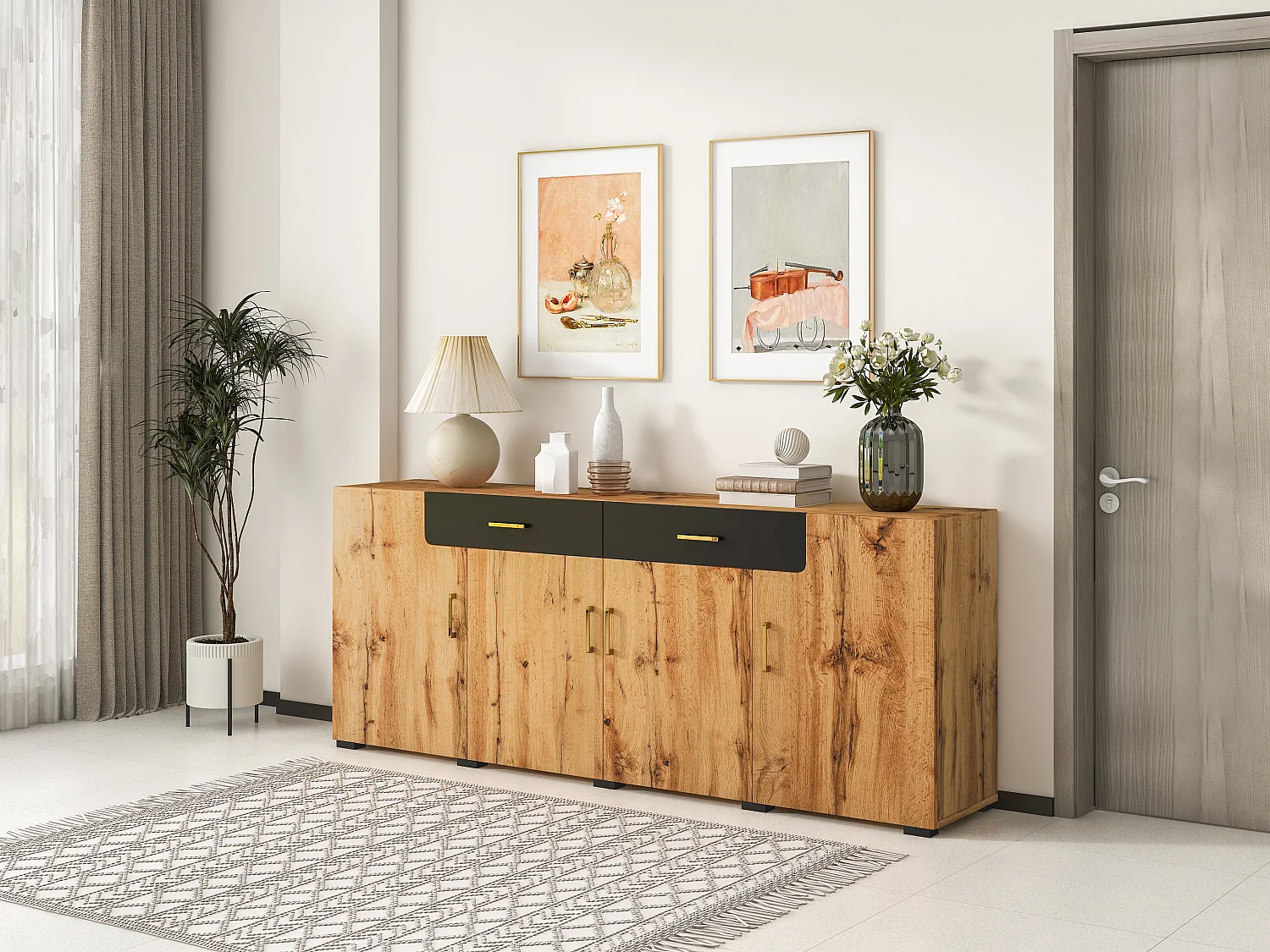 Buffet avec 4 portes et 2 tiroirs, en panneau de particules, couleur bois (208x39.5x80 cm)