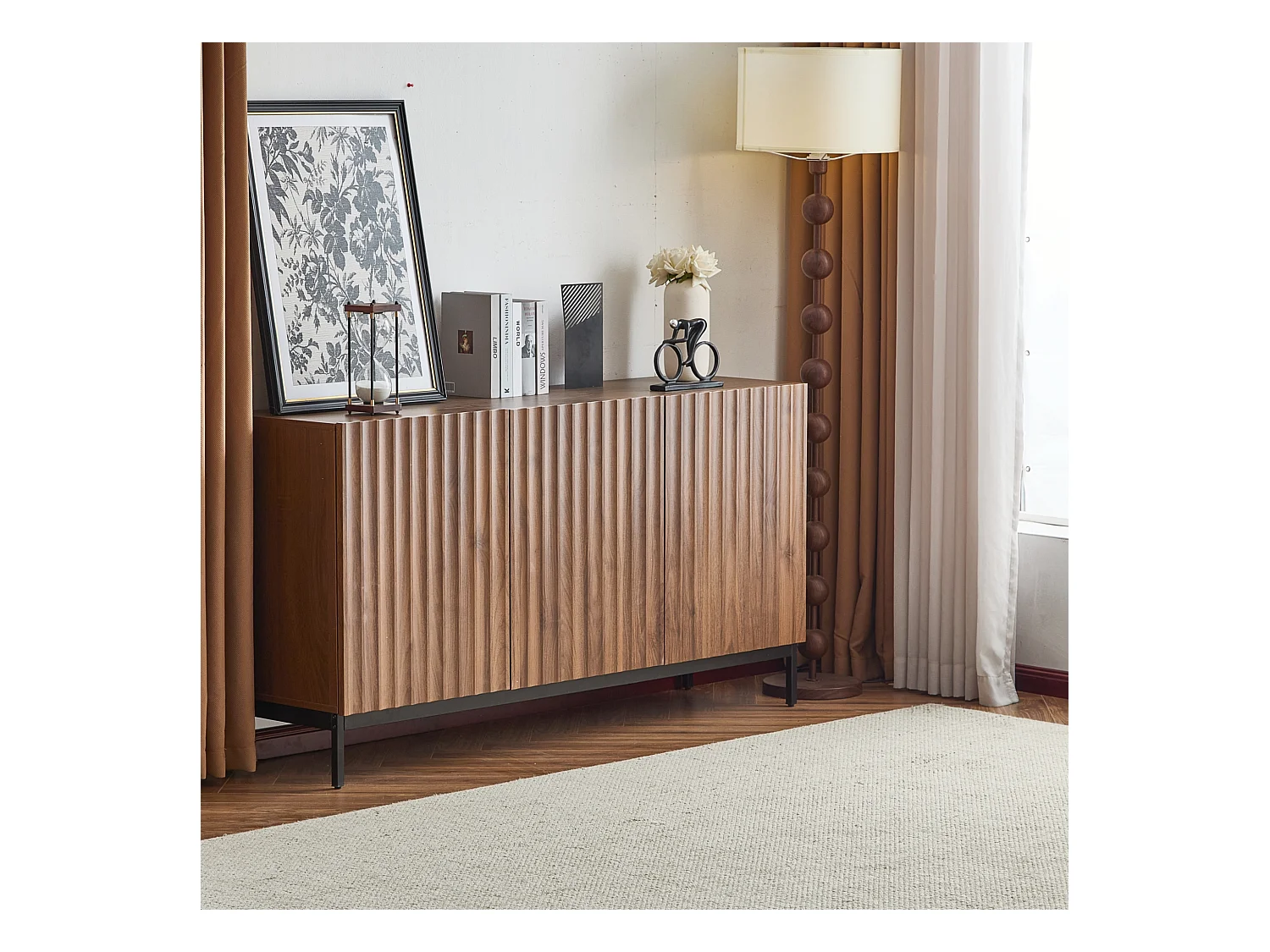 Buffet en MDF, design 3D moderne, avec 2 portes, étagères réglables, finition bois foncé, 150x40x80 cm