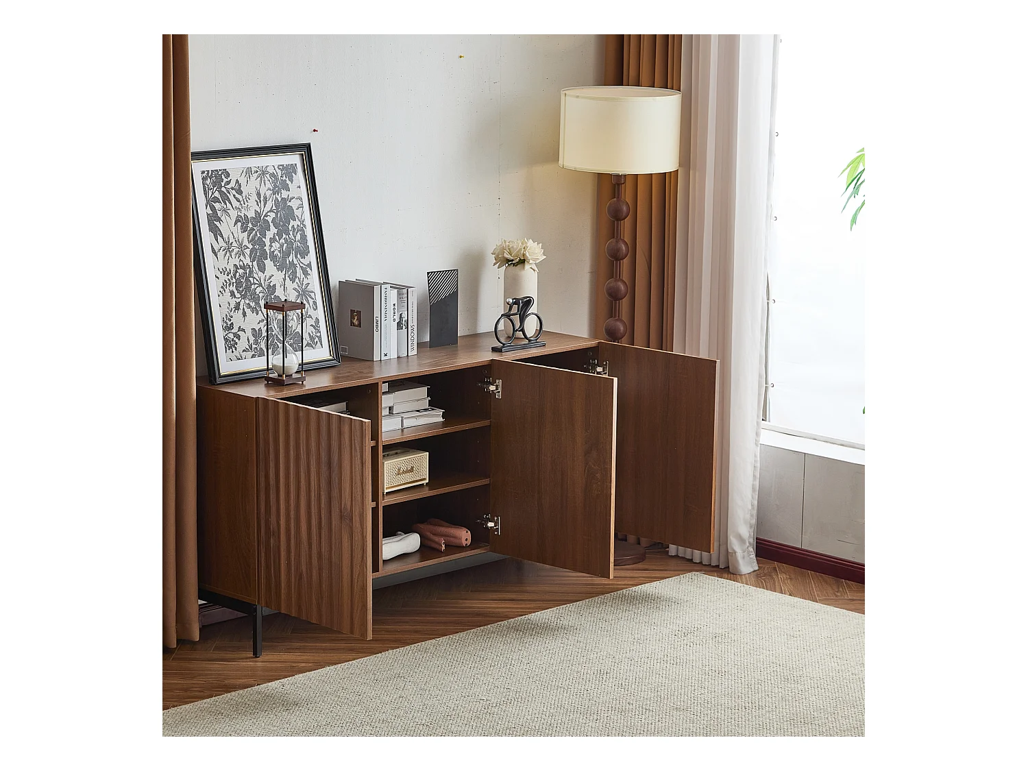 Buffet en MDF, design 3D moderne, avec 2 portes, étagères réglables, finition bois foncé, 150x40x80 cm