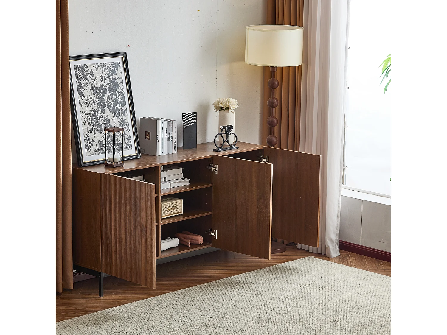 Buffet en MDF, design 3D moderne, avec 2 portes, étagères réglables, finition bois foncé, 150x40x80 cm