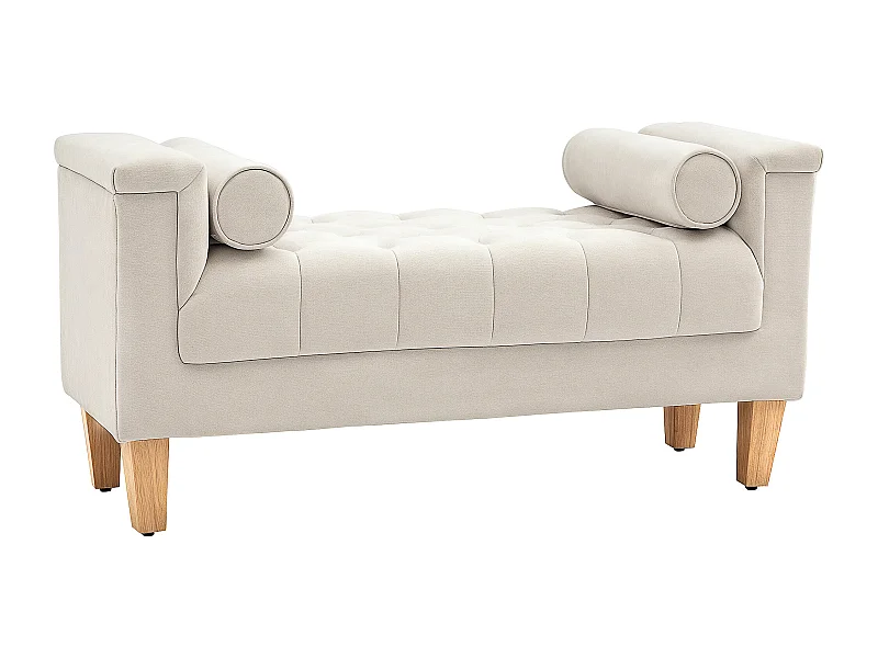 Gestoffeerde bank met armleuningen, chenillestof, 2 cilindrische kussens, houten structuur, beige (115x44x58cm)