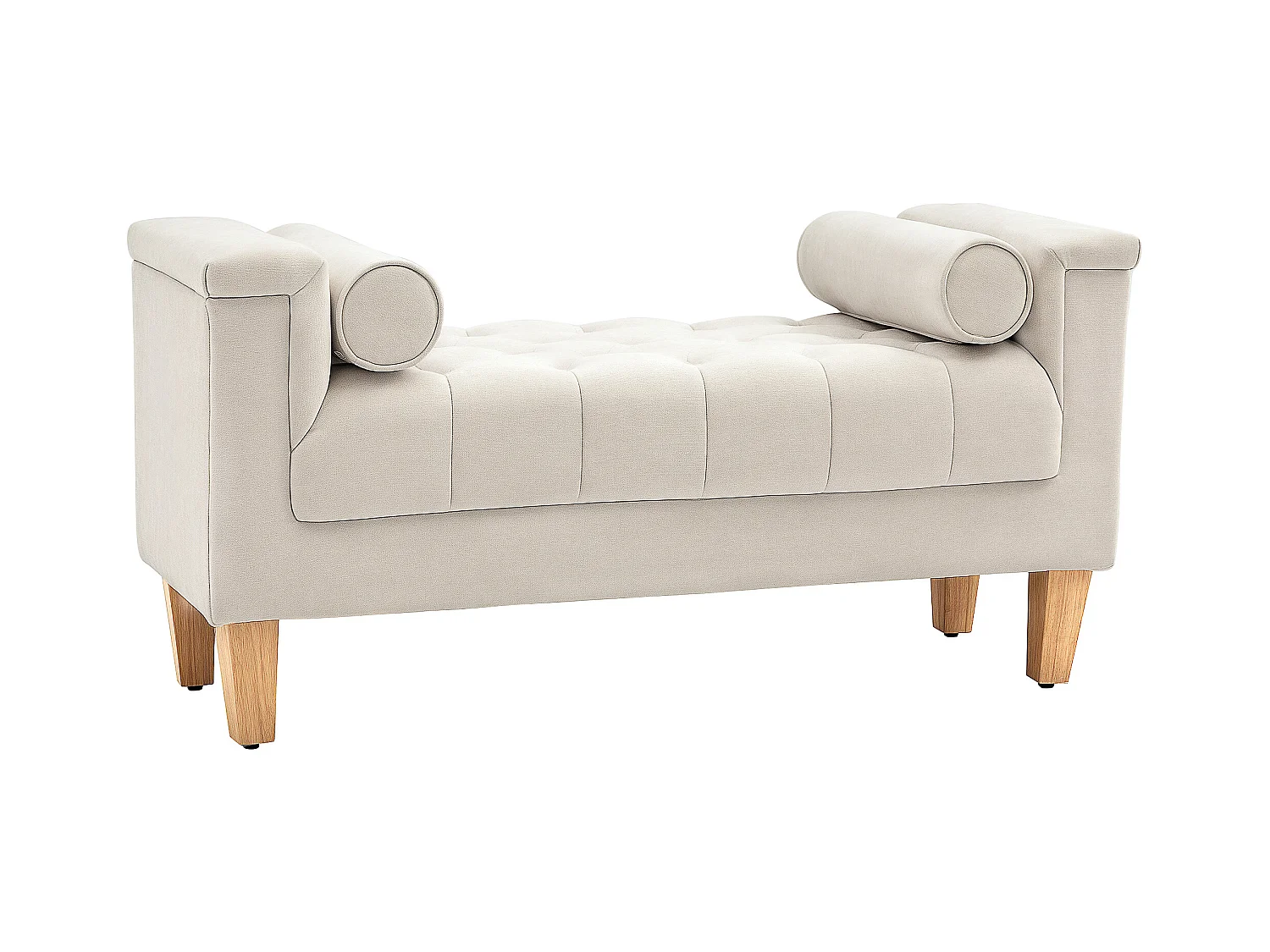 Banc capitonné avec accoudoirs, tissu chenille, 2 coussins cylindriques, structure en bois, beige (115x44x58cm)
