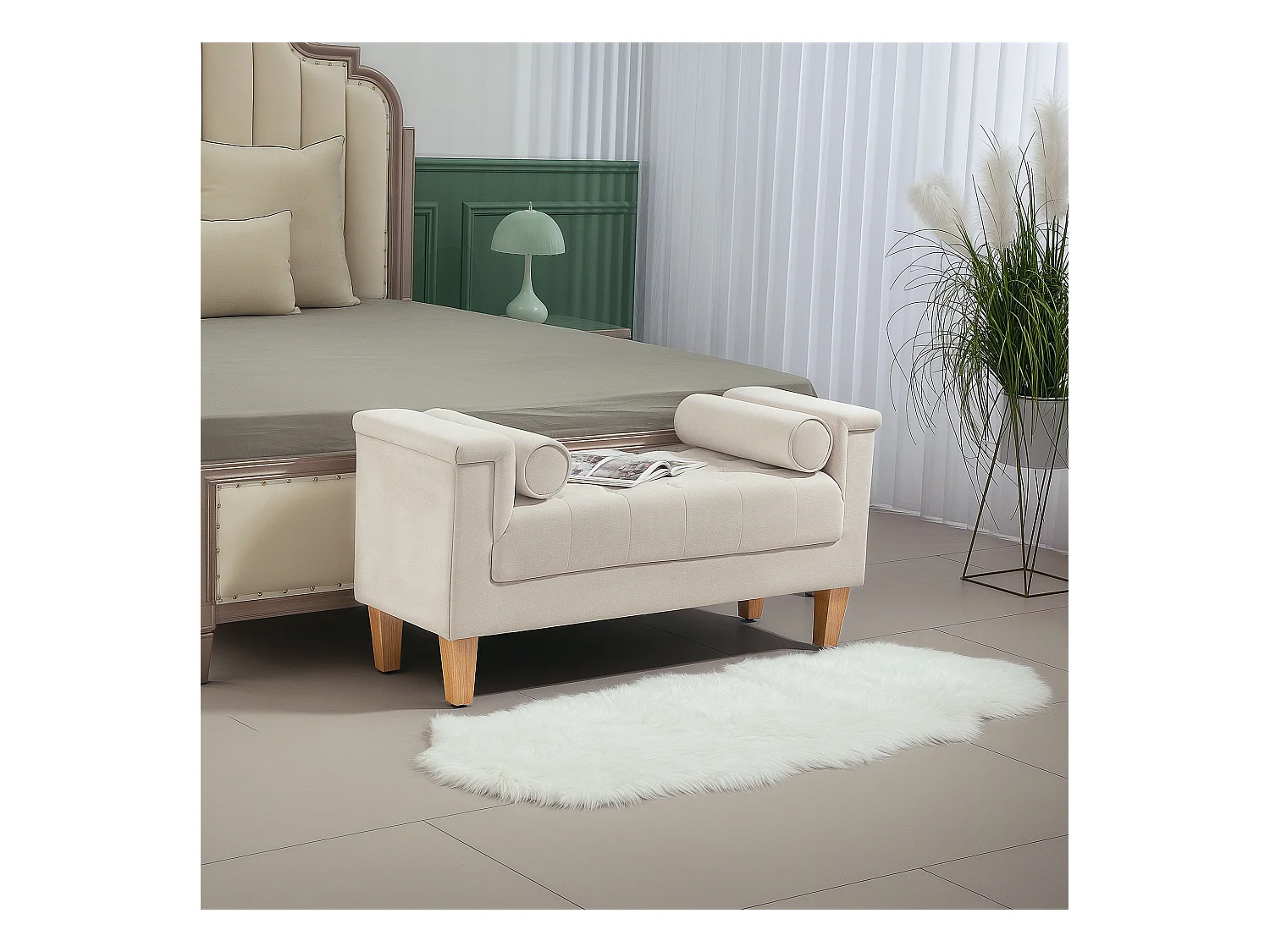 Banc capitonné avec accoudoirs, tissu chenille, 2 coussins cylindriques, structure en bois, beige (115x44x58cm)