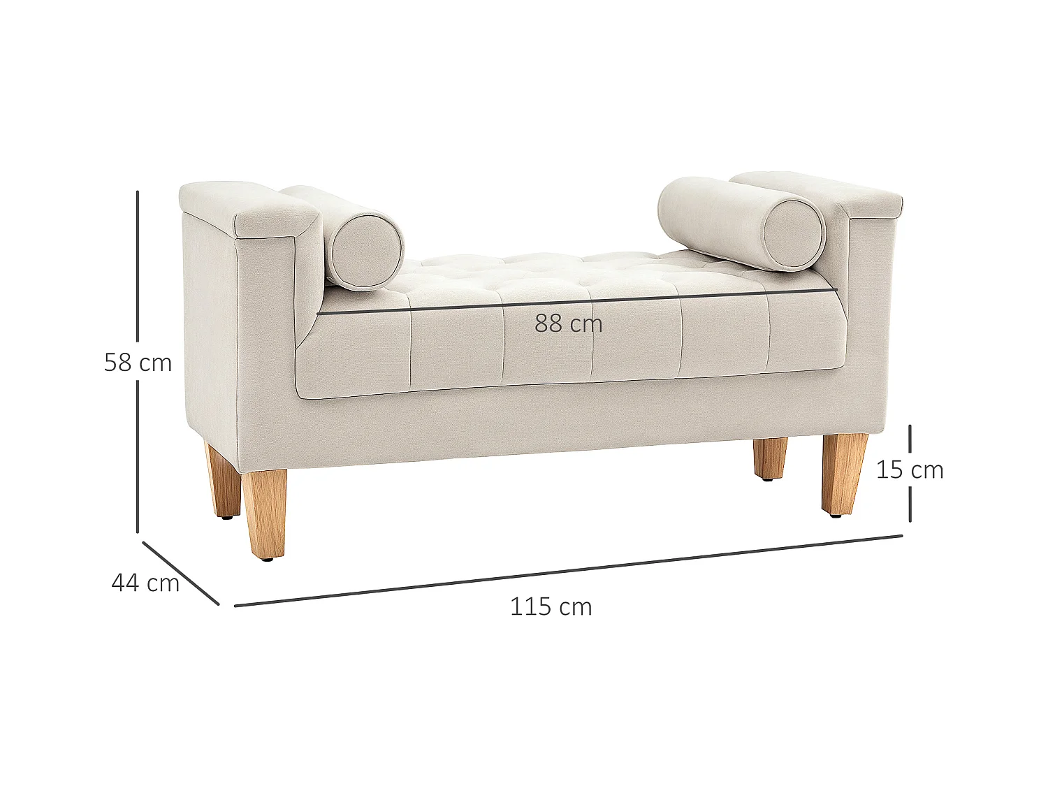 Banc capitonné avec accoudoirs, tissu chenille, 2 coussins cylindriques, structure en bois, beige (115x44x58cm)